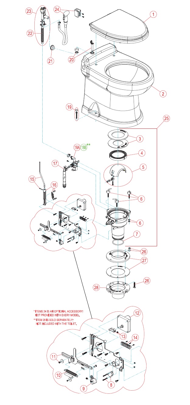 Sealand Dometic 4400 Gravity Toilet Parts